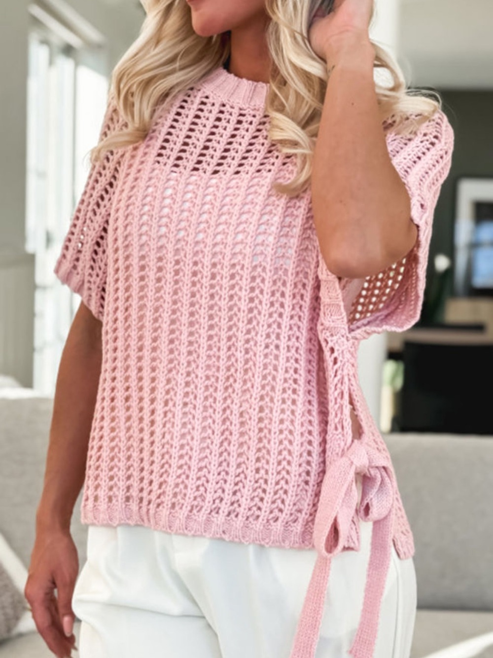 S21- Open-Knit Side Tie Short Sleeve Top